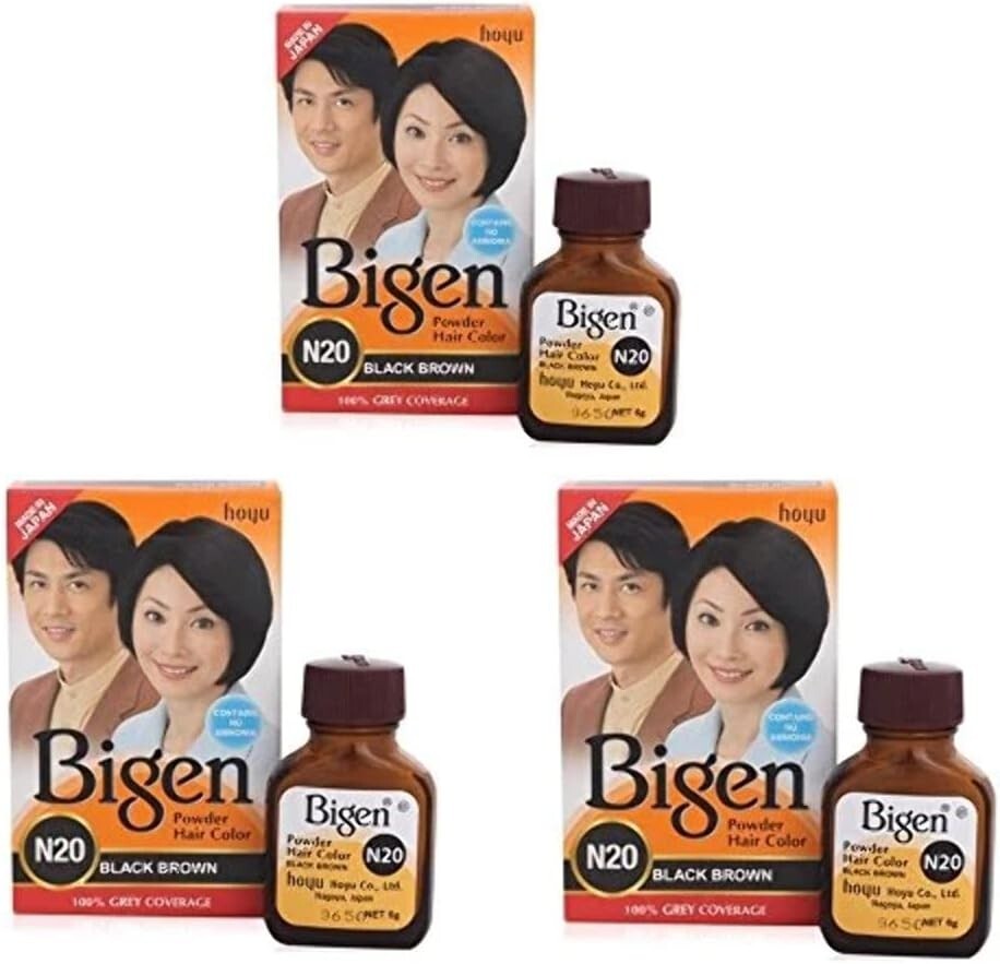 Bigen Powder Hair Color, Black Brown N20 - Pack of 3 (Combo Set) Free Shipping